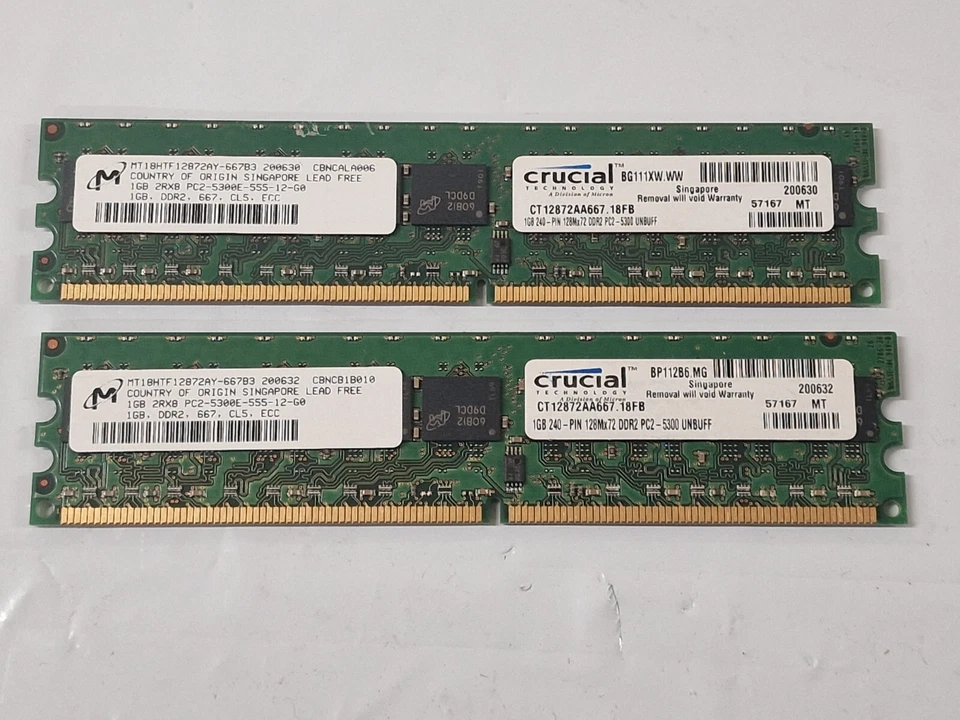 2 x 1GB DDR2-667 PC2-5300E Non-Reg ECC RAM MT18HTF12872AY-667B3 HP 384705-051 - Image 1 of 4