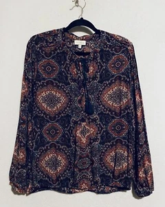 Lucky Brand Top Womens Medium Navy Blue Medallion Print Tassel Tie Neck Boho - Picture 1 of 7