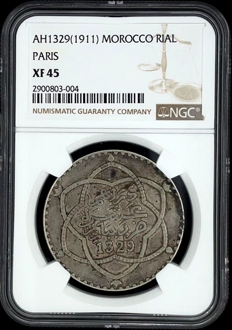 (1911) AH 1329 Morocco RIAL Paris Mint  NGC XF 45  KM Y#25 Cover
