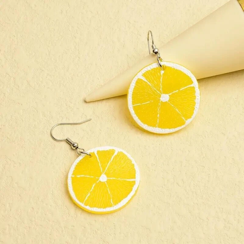 Women Cute Lemon Orange Fruit Dangle Drop Earrings Acrylic Fun Jewelry Yellow