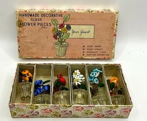PC#11 Vintage Set Of 6 Handmade Glass Flower Place Card Holders - Picture 1 of 4
