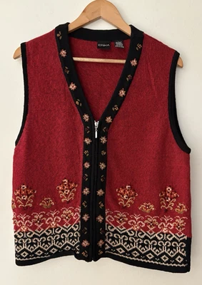 Chaleco Suéter Erika De Colección Años 90 Para Mujer Grande Cremallera Completa Rojo Negro Floral Algodón Ramie Foto 1 de 4