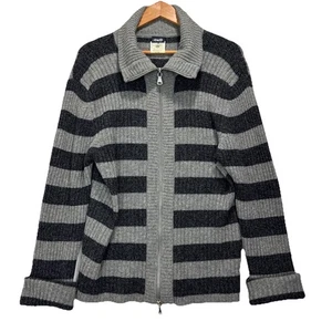 D&G Cotton Sweater Full zip stripe womens sz 38/52 black grey turtle neck - Picture 1 of 11