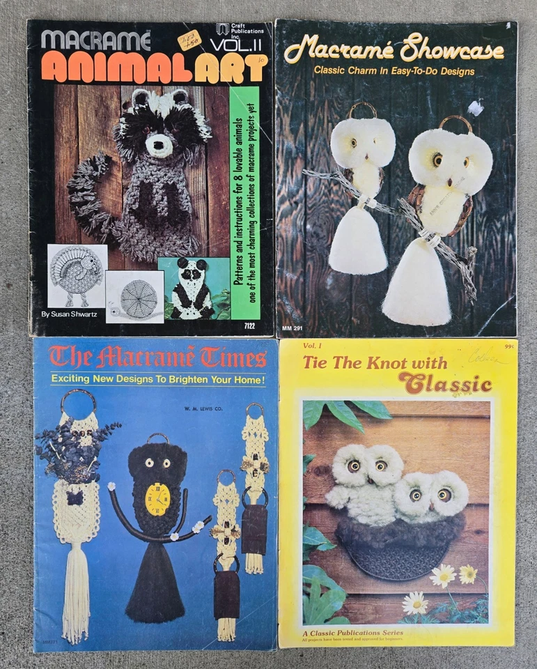 Lot of 4 Vintage Macrame Animal Art Wall Hanging Owls Home Décor Pattern Books - Image 1 of 1