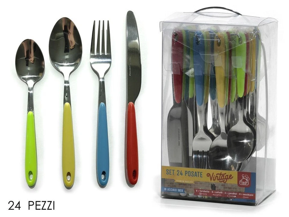 Set 24 Posate Vintage Acciaio Inox Manico Colorato Per 6 Persone - Immagine 1 di 1