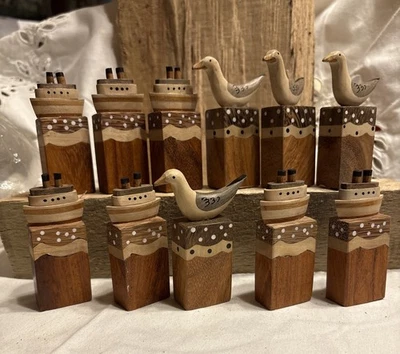 11 Intarsien Holz, Schiffe Dampfer, Möwe, Kleine Holzsäulen - Bild 1 von 4