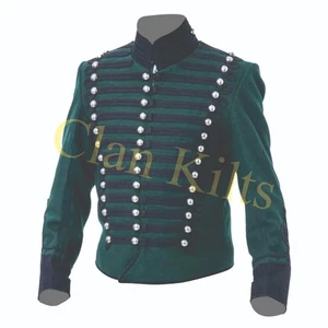 Men’s Green Military Hussar Jacket | Silver Button Braided Parade Uniform Coat - Picture 1 of 2