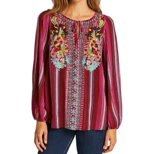 SAVANNA JANE Womens Blouse sz L Pink Striped Embroidered Floral Tie-Neck Boho - Picture 1 of 9