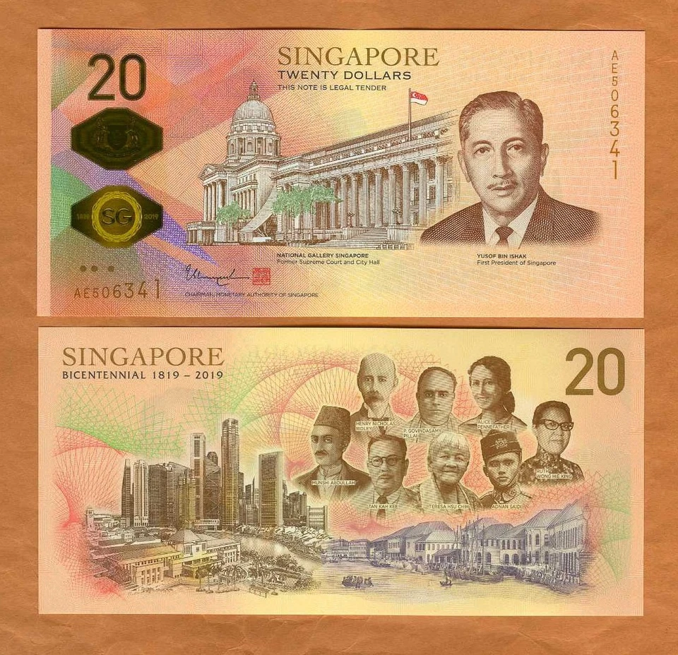 Singapur, 20 dólares, 2019, polímero, P-63, gema UNC bicentenario conmemorativo Foto 1 de 1