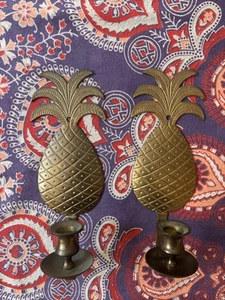 Vintage Brass Pineapple Candle Wall Sconces - Picture 1 of 5