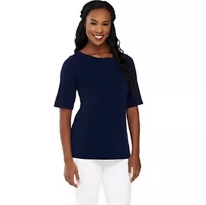 Susan Graver Essentials Liquid Knit Bateau Neck Top Navy Plus Size 1X - Picture 1 of 4