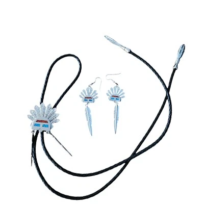 Antiga peça de cabeça turquesa incrustada do sudoeste com penas, brincos e bolo - Imagem 1 de 3