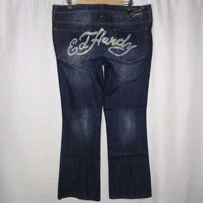 Ed Hardy Jeans Womens 20 Bootcut Low Rise Silver Signature Logo Blue Stretch Y2K - Image 1 of 4