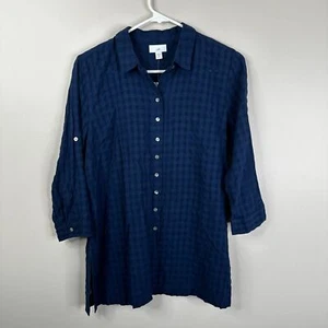 NEW J Jill Sz S/P Textured Gingham Plaid Button Down Semi Sheer Shirt 3/4 Sleeve - Picture 1 of 6