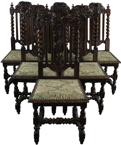 Antique Dining Chairs Hunting Renaissance Green Tapestry Fabric Set 6 Oak Cover