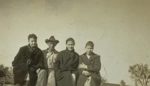 Man In Cowboy Hat Sitting With Three Women B&W Photograph 2.75 x 4.75 - Picture 1 of 3