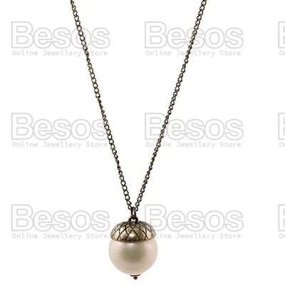 ACORN pendant ANTIQUE BRASS TONE large cream pearl LONG CHAIN NECKLACE gift UK - Image 1 of 4