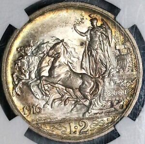 1916 NGC MS 64 Italy 2 Lire Horses Chariot Silver Mint State Coin (22082503C)