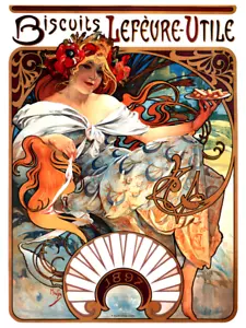 Biscotti Lefevre-Utile Alphonse Mucha Donna Pubblicità Poster Stampa Arte - Foto 1 di 2