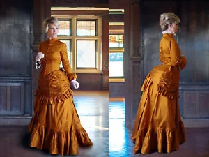 Victorian Ruffle Medieval Victorian Gothic Evening Dresses Gold Bustle Ball Gown - Picture 1 of 7