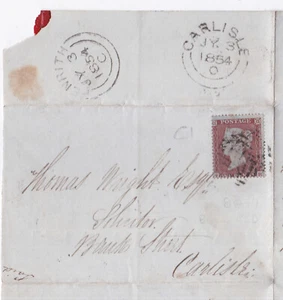 1854 QV FINE 1d PENNY RED STAMP C1 ON LETTER TO THOMAS WRIGHT AT CARLISLE - Picture 1 of 3