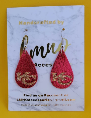 Handcrafted top quality genuine leather earrings KC Chiefs teardrop design, USA Cover