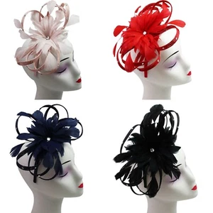 Diamant zentriert Feder Blume Sinamay Nieten Fascinator Hochzeit Rennen Stirnband - Bild 1 von 10