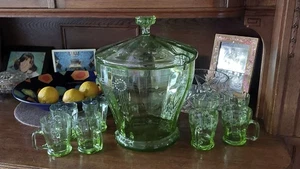 Antikes Bowleset Jugendstil grünes Glas um 1900 Uranglas hängende Dreiecke - Bild 1 von 12