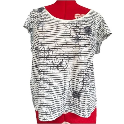 Liz Claiborne Cotton T Shirt XL Navy Stripes Floral Cap Sleeve Round Neck - Image 1 of 4