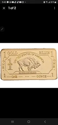 1 OZ -500MILLS GOLD BUFFALO BULLION BARS .999 FINE GOLD - Image 1 of 2