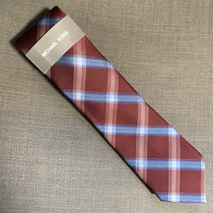 Michael Kors Men's Neck Tie Burgundy Red/Blue Plaid Silk Blend MSRP $69.50 - Picture 1 of 3
