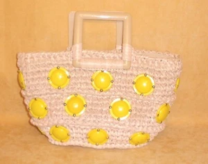 1960's Ritter Beige Raffia Ladies Purse w/ Yellow Disks & Gold Metal Details - Picture 1 of 7