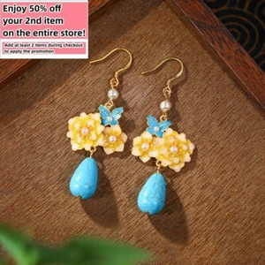 Bohemian Turquoise Gemstone Pearl Drop Earrings – Dainty Jewelry 18K Gold Plated - Picture 1 of 7