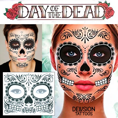DELUSION TATTOOS Tag der Toten Gesicht Temporäre Tattoos Transfer Maske Halloween Sugar Skull Schwarz