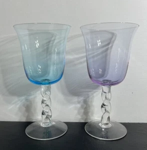 Tall Pink Blue Glass Wine Goblets Clear Twisted Stem Mid Century 8”H Hand Blown - Picture 1 of 12