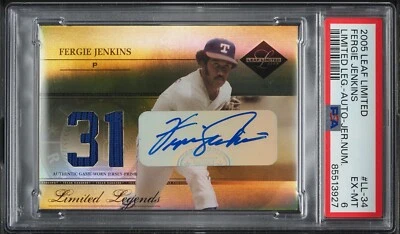 2005 Leaf Limited #LL-34 Fergie Jenkins PSA 6 Patch Auto /25 Rangers HOF Pop 1 - Image 1 of 3