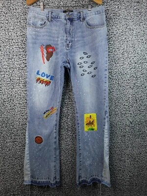 Pantalones de mezclilla Forever 21 para hombre talla 36 bordados, parches, estampado gráfico "Love" Foto 1 de 4