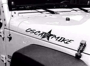 Pair Oscar Mike On the Move Distressed Star Vinyl Hood Decals Stickers TJ LJ JK - Picture 1 of 3