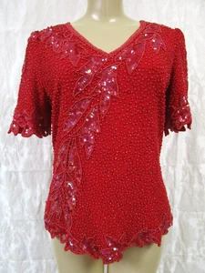 Top de lentejuelas de seda toque creativo rojo floral tejido manga corta mediana vintage - Imagen 1 de 6
