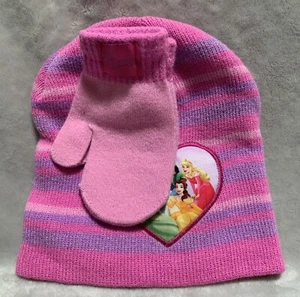 NEW Disney Princess Girls' Pink Multicolor Winter Beanie Cap and Gloves 2pc Set - Picture 1 of 7