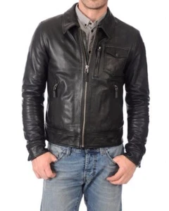 Leather Jacket Mens Biker Coat Motorcycle Vintage Men Bomber Lambskin Black 88 - Picture 1 of 4