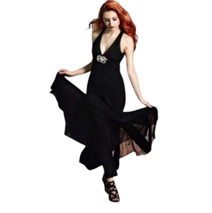 Vestido de noche halter negro con adorno de diamantes de imitación y capas transparentes que fluyen - Imagen 1 de 9