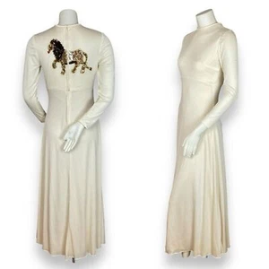 Vintage Maxikleid Pailletten Löwe Rücken Reißverschluss Creme Weiß Handarbeit Langarm - Bild 1 von 16