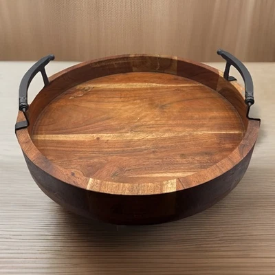 2 Handled Metal & Wood Serving Tray, Rustic - Image 1 of 4