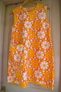Vintage 60s Summer Mini Cute Bright Orange Daisy pinafore, tunic dress - Picture 1 of 6