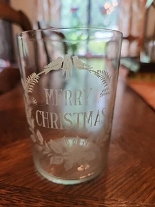 Vaso de vidrio grabado vintage FELIZ NAVIDAD corona y pájaros 🐦 - Imagen 1 de 10
