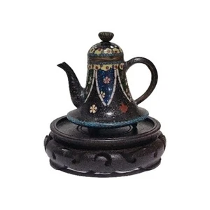Antike japanische Cloisonne Teekanne mit Deckel & Fuß Emaille Blüte Gold Stein - Bild 1 von 16