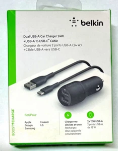 π₯ Belkin Boost Charge Dual USB-A Car Charger 24W + USB-A to USB-C Cable π₯ - Picture 1 of 1