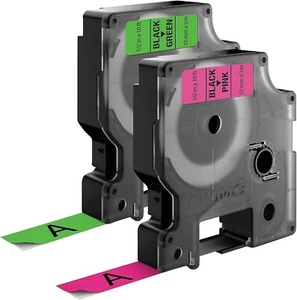 (4 cartuchos) Cinta de etiquetas DYMO D1 1/2" x 10 pies negra sobre verde neón/rosa 1933238 - Imagen 1 de 3