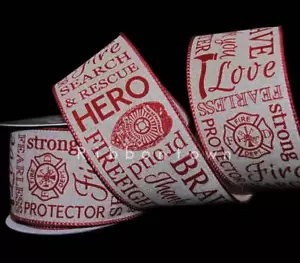 10 Yards Firefighter Fireman Hero Badge Fire Search Rescue Red Wired Ribbon 2 1/ - Picture 1 of 1